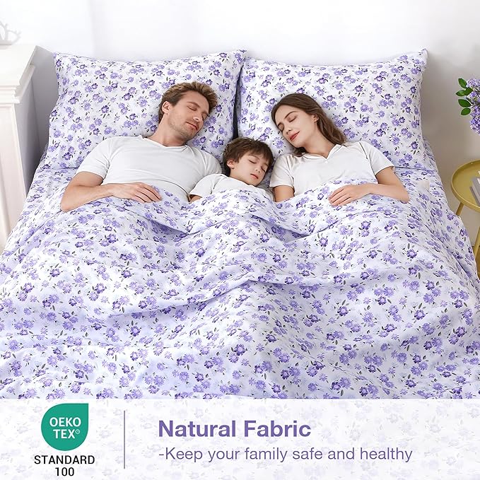 Softan Puple Floral King Sheet Set, 4-Piece Microfiber Printed Fitted Sheet with 15" Deep Pockets & Non-Slip Straps, White Flower Patterned Bedding Sheets & Pillowcase Set