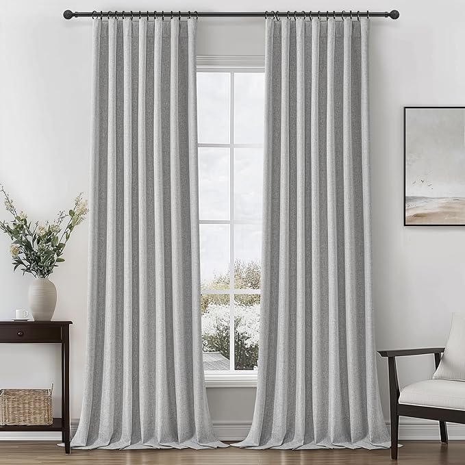 Gray 108 Inch Extra Long Blackout Curtains for Bedroom 2 Panels Set, Boho Room Darkening Pleated Flax Linen Blend Window Curtain 108 Inches Long with Hooks for Patio Sliding Door Decorative Burg