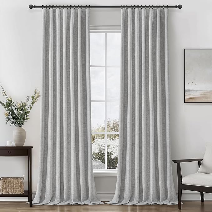 Gray 100% Black Out Linen Curtains 92 Inches Long 2 Panels Set for Kids Boys Room, Country Farmhouse Pleated Ceiling Track Curtain with Rod Pocket Window Drapes Heavy Thermal Privacy for Nursery