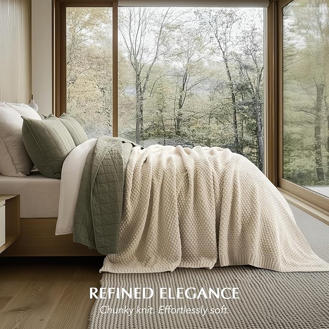 EVERGRACEHOME Chunky Chenille Knit Throw Blanket, 90 x 90, Beige | Sculpted Moss Stitch, Chic Modern Farmhouse, All-Season Warmth, OEKO-TEX® Certified, Oversized Queen for Couch, Bed, Sofa