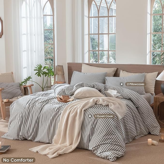MooMee Striped Duvet Cover Set 100% Washed Cotton Linen Like Cal King | Relaxed Linen-like Texture. Soft, Breathable & Long-lasting Comfort. Lightweight. Hidden Zipper with 8 Interior Corner Ties