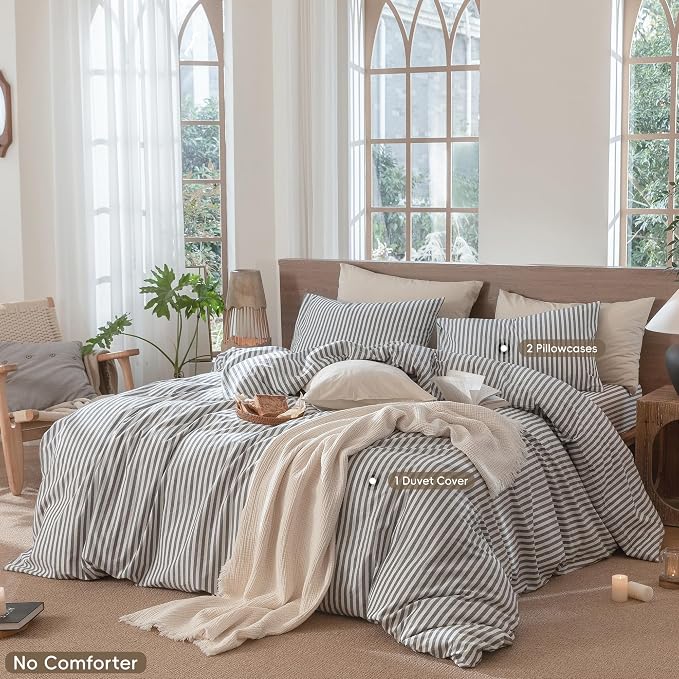 MooMee Striped Duvet Cover Set 100% Washed Cotton Linen Like Oversized King | Relaxed Linen-like Texture. Soft, Breathable & Long-lasting Comfort. Lightweight. Hidden Zipper with 8 Interior Corner Ties