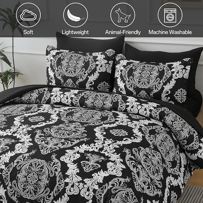 WONGS BEDDING 7 Pieces Comforter Set King Size, Black White Texture Bedding Set for All Season, Damask Soft and Breathable Bed in a Bag with Comforter, Flat Sheet, Fitted Sheet, Pillowcases & Shams