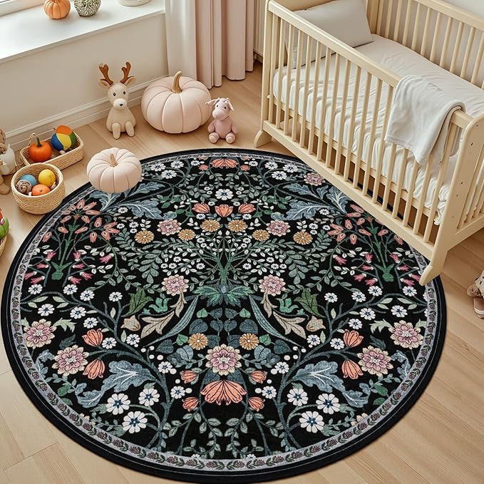 PLHXFR Round Area Rug Living Room: 6 ft Floral Washable Carpet Dark Black | For Bedroom Dining Room Farmhouse Nursery Hallway,Vintage Floral,Machine washable,Non Slip,Stain Resistant,Large Indoor