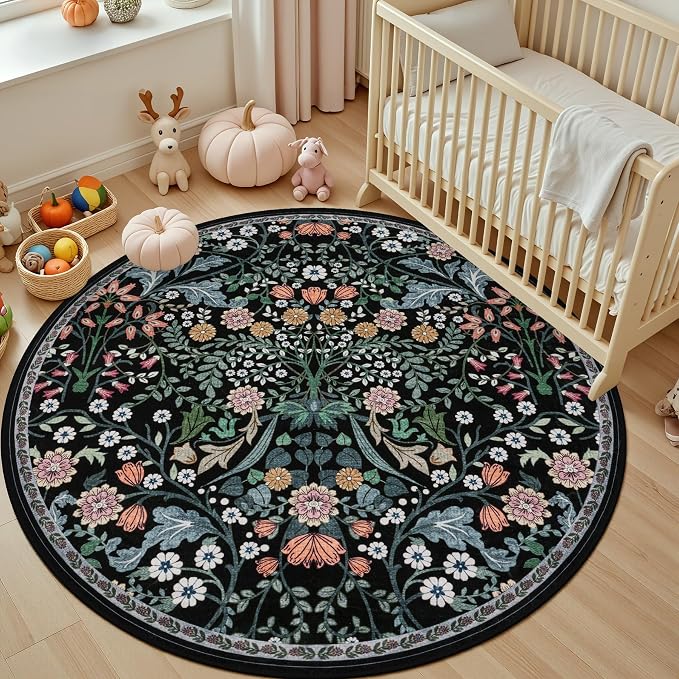 PLHXFR Round Area Rug Living Room: 4 ft Floral Washable Carpet Dark Black | For Bedroom Dining Room Farmhouse Nursery Hallway,Vintage Floral,Machine washable,Non Slip,Stain Resistant,Large Indoor