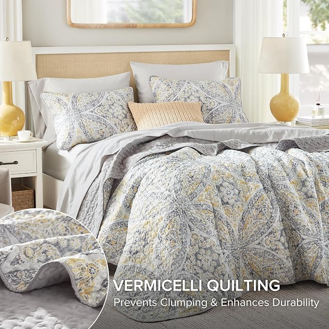 Comfort Spaces Gloria Full Queen Quilt Set 3 Piece for Summer Gray/Yellow | Reversible Coverlet Bedspread, Soft All Season, Medallion Pattern, Winter Layer with Shams Modern Lightweight, Cozy Comfort