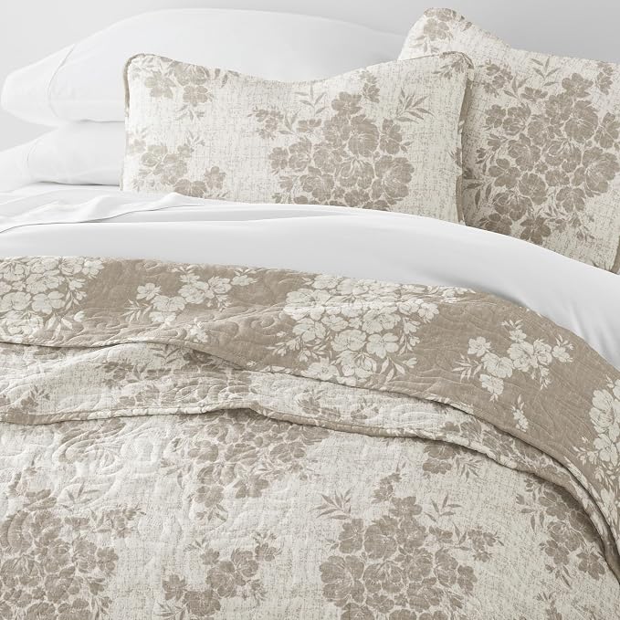 Merit Linens 3 Piece Quilt Set - Super Soft - Lightweight - All Season Quilted Coverlet - Timeless Patterns - Full/Queen Taupe