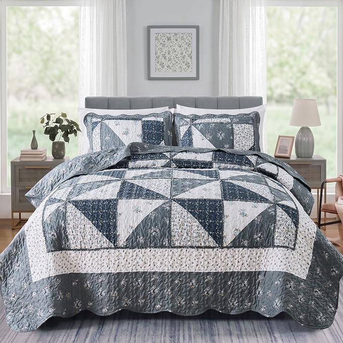 King Size Quilt Set Grey Floral Patchwork Quilted Bedspread Coverlet Set | VIVILINEN 3-Piece Floral Reversible Stitched Quilt Bedding Set Lightweight Comforter Bed Cover Blanket with 2 Pillow Shams