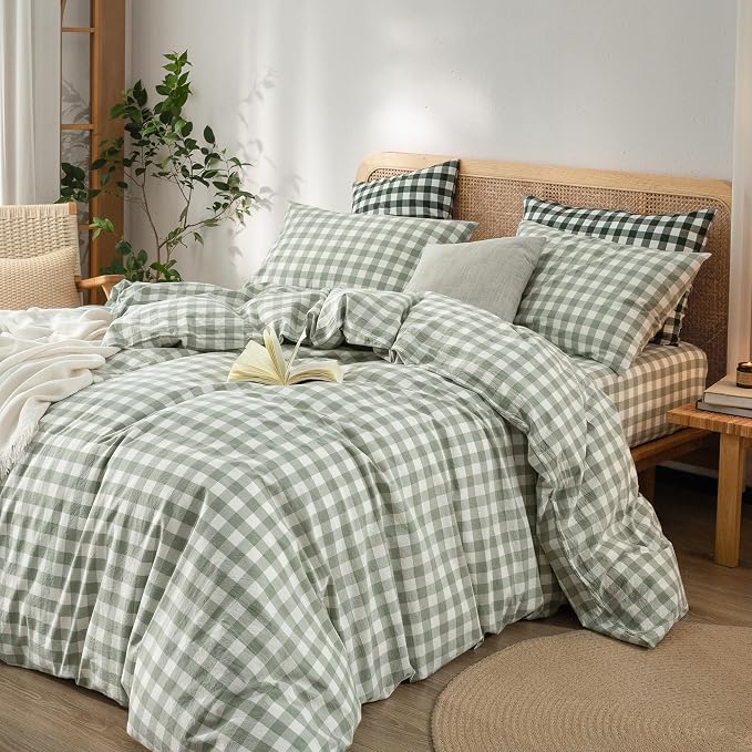 BESTOUCH Gingham Cotton Duvet Cover Set Sage Green California King | Washed Cotton, Linen Feel, Soft Wrinkle Texture, Hidden Zipper, 8 Ties, Breathable Lightweight Durable Comfy, 3 Pcs No Insert