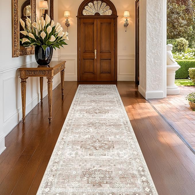 Boho Washable 3x10 Hallway Runner Rug, Beige Waterproof Large Kitchen Floor Rug Indoor, Non-Slip Stain & Fade Resistant, Vintage Floral Décor (3x10 Beige/Latte)
