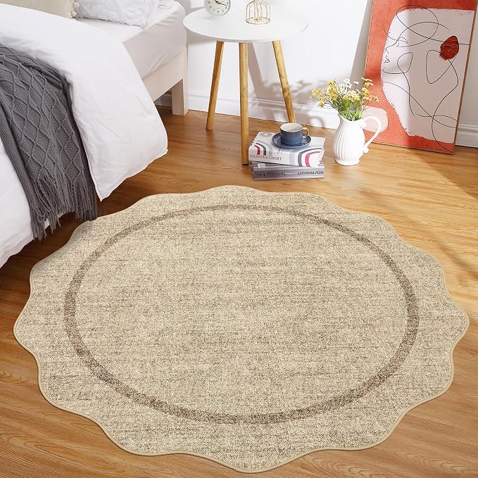 GarveeHome Scalloped Round Washable Rug Soft Modern Round Rugs 5ft Non Slip | Circle Carpets for Bedroom Ultra-Thin, Boho Jute Print Distressed Circular Carpet for Living Room Dorm Bedside, Jute
