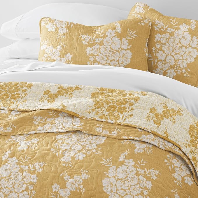 Merit Linens 3 Piece Quilt Set - Super Soft - Lightweight - All Season Quilted Coverlet - Timeless Patterns - Twin/TwinXL Mustard