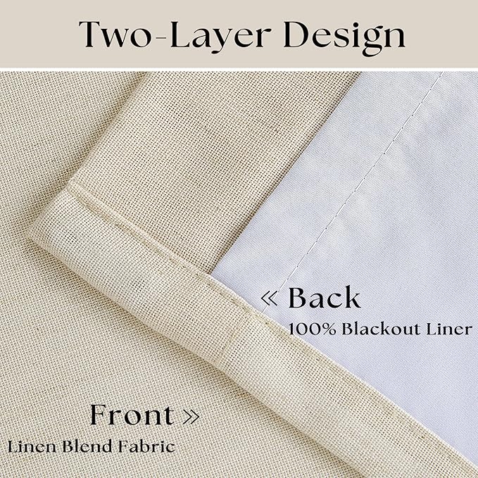 Cream Beige Linen Blackout Curtains Pinch Pleated 102 Inches Long | Memory Shape, Flax Linen 2 Layers for Full Blackout, Light Blocking Thermal Insulated, for Bedroom Living Room, 2 Panels Set
