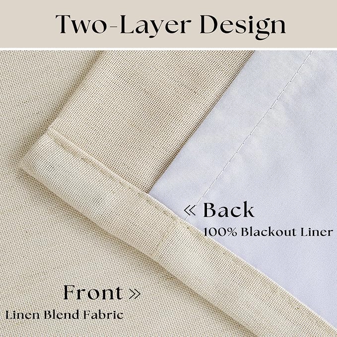 Pleated Cream Beige Linen Blackout Curtains for Bedroom 90 Inch Length | Pinch Pleat for Track System, Back Tab, 100% Black Out Room Darkening Thermal Insulated, Neutral Farmhouse, for Living Room