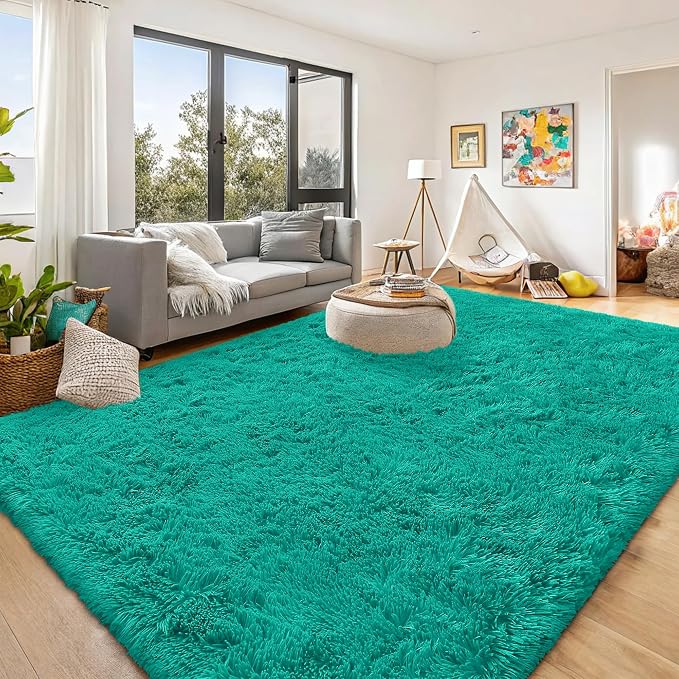 OLANLY 9x12 Machine Washable Large Area Rugs for Living Room, Bedroom, Soft Fluffy Shaggy Bedside Rug, Indoor Floor Carpet for Kids Girls and Boys, Dorms, Nursery, Home Decor Aesthetic, Teal Green