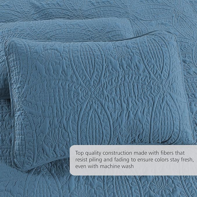 Pure Bedding Quilt Set Full/Queen Size Ash Blue - Oversized Bedspread - Soft Microfiber Lightweight Coverlet for All Season - 3 Piece Includes 1 Quilt and 2 Shams, Geometric Pattern