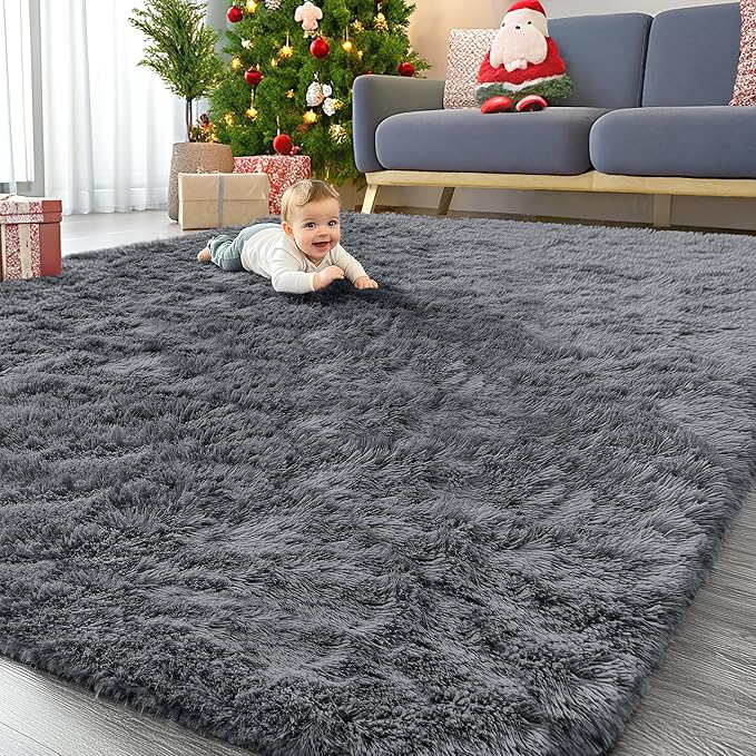 OLANLY 10x14 Machine Washable Large Area Rugs for Living Room, Bedroom, Soft Fluffy Shaggy Bedside Rug, Indoor Floor Carpet for Kids Girls and Boys, Dorms, Nursery, Home Decor Aesthetic, Grey