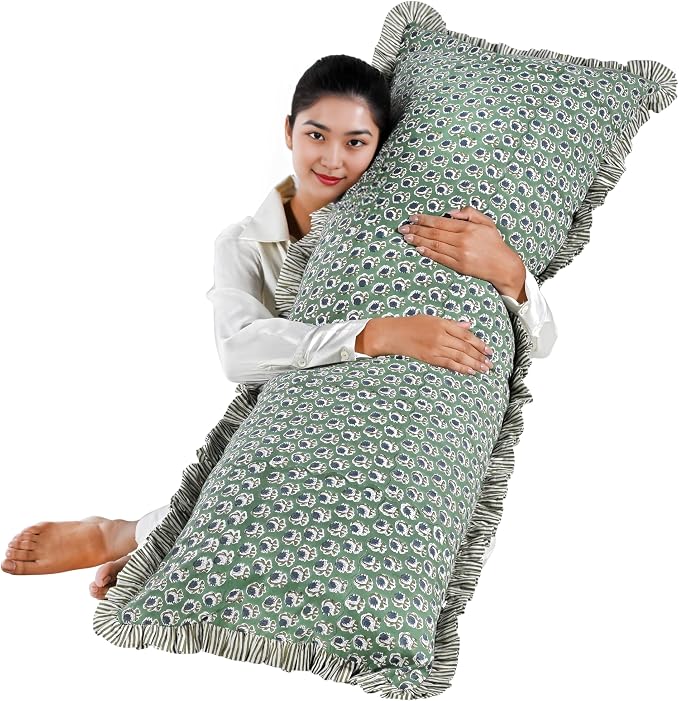 Ridhi Block Print Basil Green Ruffle Lumbar Pillow Shams, 54" x 20" | 100% cotton, Floral Pillowcase, Cushion Cover, Hidden Zipper, Cottagecore Bedding, farmhouse boho style, fits couch, sofa,Bed