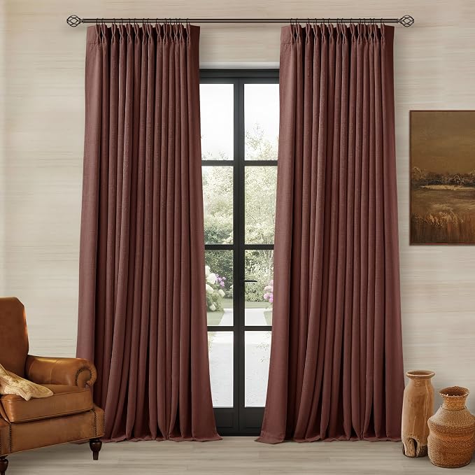 Chestnut Brown 100 Inch Floor Length Linen Blackout Curtains for Bedroom | Pinch Pleated, Black Out Light Blocking, Thermal Insulated, Soundproof, Window Drapes Double Layer, 40x100 Inch 2 Panels