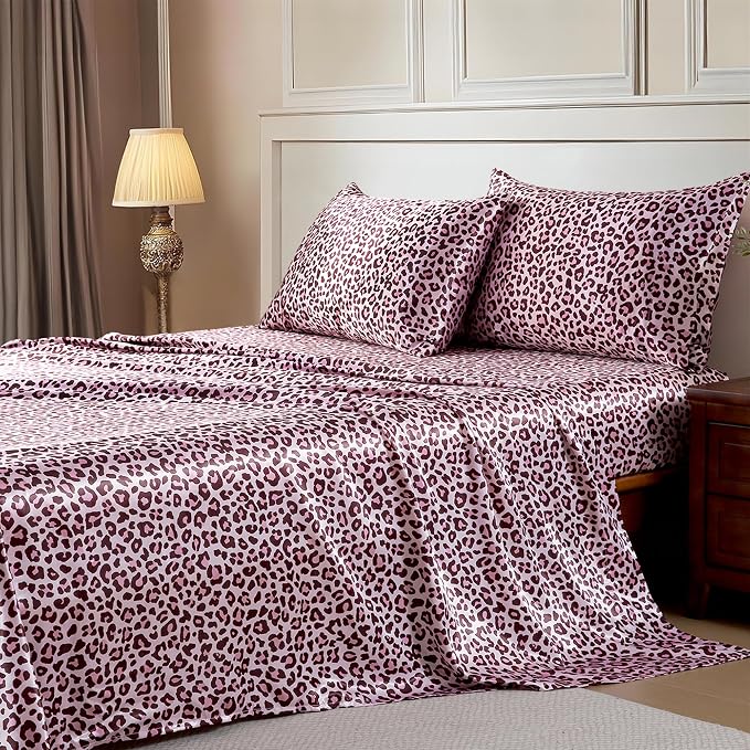 MR&HM Satin Sheets Twin Size with Elastic Corner Straps, Pink Leopard | Similar to Silk, 3-Piece Silky Soft Bed Sheet Set, Gentle on Skin and Hair, 15" Deep Pocket, Cooling & Breathable