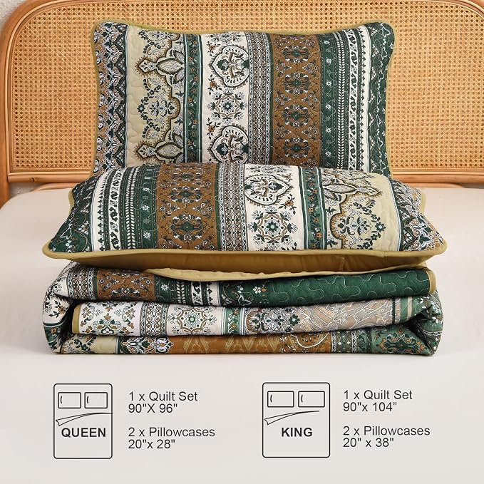 WONGS BEDDING Boho Quilt King Size,3 Pcs Bedspread Set, Brown Green | Colorful Bohemian Striped Printed Bedding for All Season, Lightweight Microfiber Coverlet Set with 2 Pillowcases(104"x90")