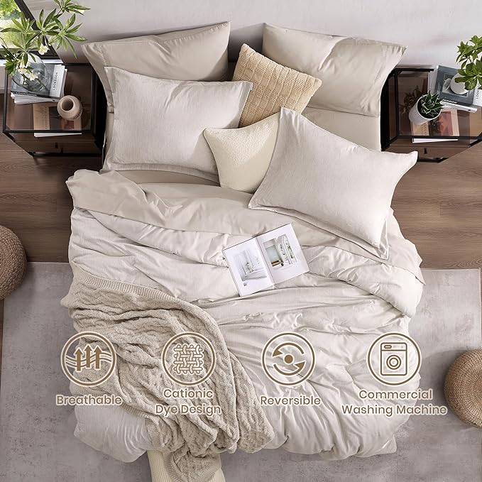Monbix Full Size Comforter Set 7 Pieces Oatmeal Beige Bed in a Bag | Cationic Dyeing Reversible All Season Bedding Sets with Comforter, Sheets, Pillowcases & Shams