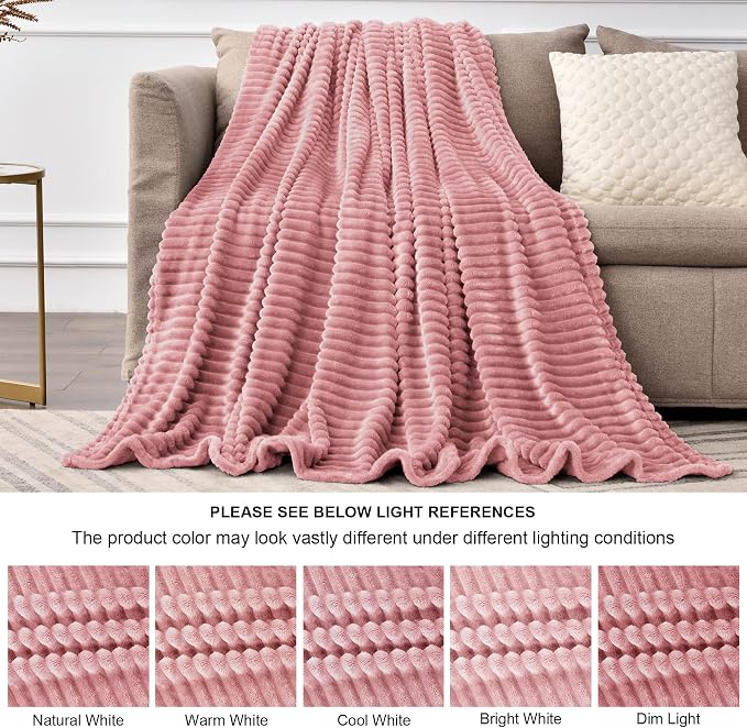 BEDELITE 3D Ribbed Jacquard Pink Fleece Twin Blanket for Couch, 60x80 Inch | Soft Warm Fluffy Blanket for Bed Sofa College Dorm Room Decor, Luxury Cozy Plush Birthday Gifts for Women Girls, Lightweight