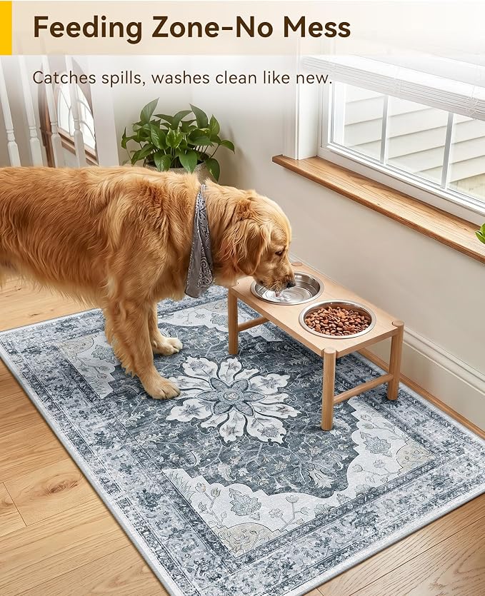 RELEANY Washable Area Rug, Small 2'x3', Grey/White/Beige | Non-Slip, Water Repellent, Pet Friendly, Easy to Clean, Vintage Floral Boho Decor for Kitchen Entryway Bathroom