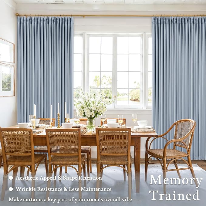 Light Blue Linen Blackout Linen Pleated Dual Layer Curtains 90 Inches Long | Room Darkening Pinch Pleat Curtain, with Hooks Rings, Memory Trained, Thermal Insulated Soundproof, for Baby Kids Bedroom