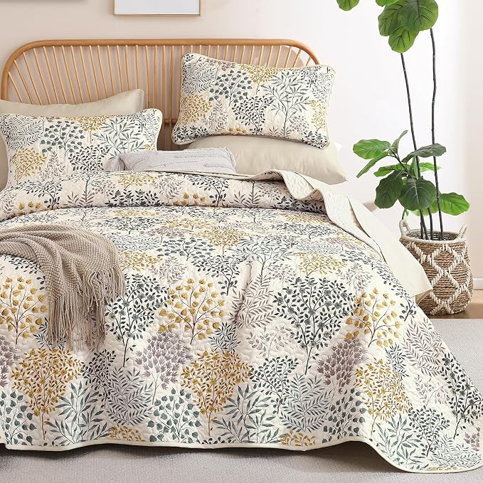 WONGS BEDDINGKing Quilt Set, 3 Pcs Yellow Green Floral Bedspread Coverlet | Botanical Print Quilt Set for Spring Summer, Lightweight Microfiber Farmhouse Quilted Bed Cover for Guest Room 110"×90"
