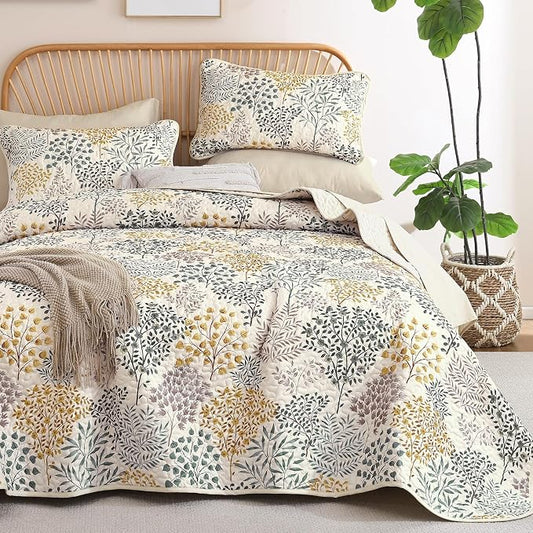 WONGS BEDDINGKing Quilt Set, 3 Pcs Yellow Green Floral Bedspread Coverlet | Botanical Print Quilt Set for Spring Summer, Lightweight Microfiber Farmhouse Quilted Bed Cover for Guest Room 110"×90"