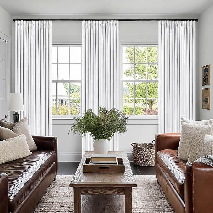 TWODRAPES Snow White Pleated Linen 100% Blackout Curtains 108 Inches Long | Pinch Pleat Back Tab, Linen Drapes with Liner, Black Out Thermal Insulated, Energy Saving Curtain for Living Room Bedroom