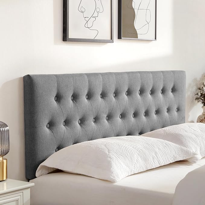 Upholstered Headboard California King, Adjustable Height 37''- 51'', Gray | Sturdy Durable Solid Wood Bed Headboard, Tufted Fabric California King Headboard, Modern Button Diamond Design Head Board