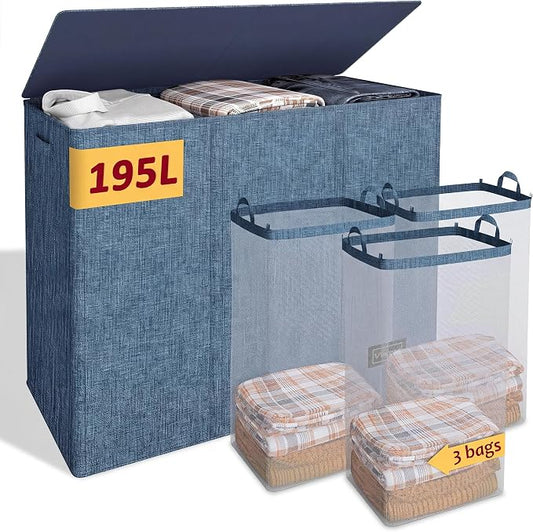 195L Laundry Hamper 3 Section,Large Laundry Hamper with Lid,Dirty Clothes Hamper with 3 Inner Bags,Collapsible Laundry Basket Organizer for Laundry Room,Bedroom,Laundry Sorter Hamper 3 Compartment