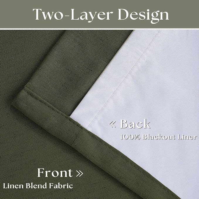 Olive Green Linen 100% Blackout 120 Inch Curtains for Living Room 2 Panels | Pinch Pleated Back Tab Drapes, Thermal Insulated Full Black Out, Farmhouse Boho, W40xL120 Curtains for High Ceiling to Floor