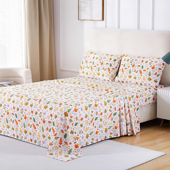 Softan Orange Floral Queen Size Sheet Set, Printed Microfiber Fitted Sheet with 15" Deep Pockets & Non-Slip Straps, Maple Leaves & Mushroom Patterned Bedding Sheets & Pillowcase Set