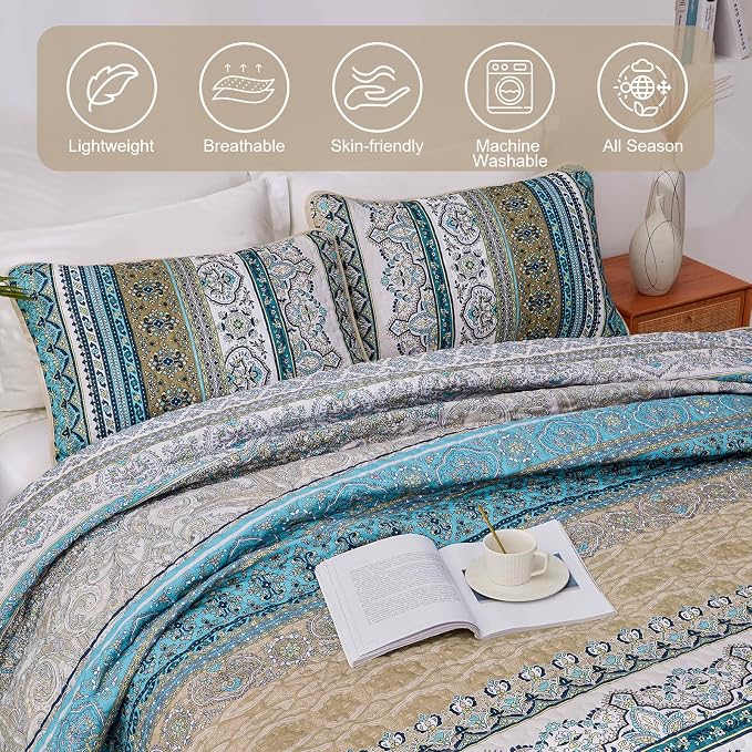 WONGS BEDDING Boho Quilt King Size,3 Pcs Bedspread Bedding Set, Blue Brown | Colorful Bohemian Striped Printed Bedding for All Season, Lightweight Microfiber Coverlet Set with 2 Pillowcases(104"x90")