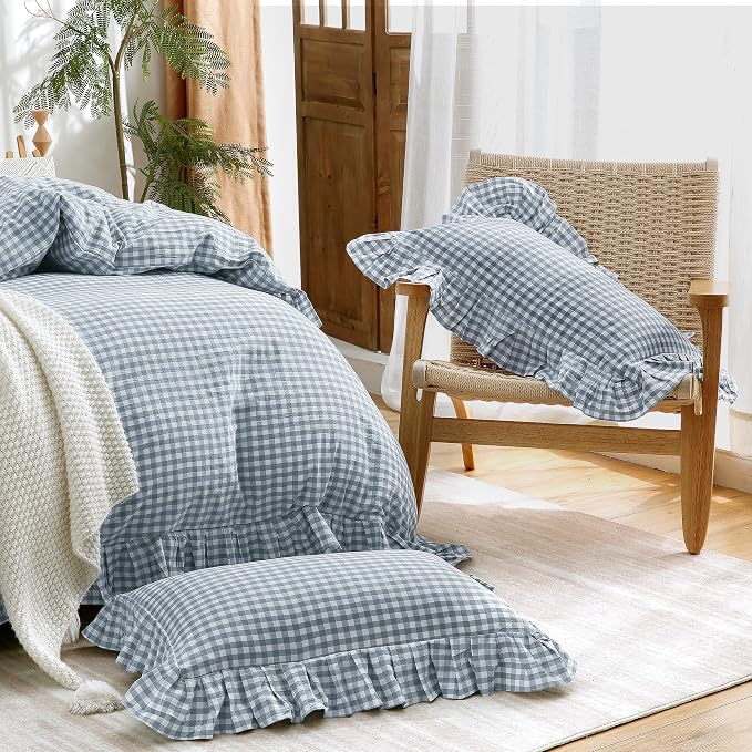 ATsense Blue Gingham Ruffle Duvet Cover Set Cotton Like Linen, Twin | 100% Washed Cotton Linen-Like Feel Soft, Breathable & Comfy. Farmhouse Bedding Set with Zipper & 8 Ties. 3 Pcs, No Insert