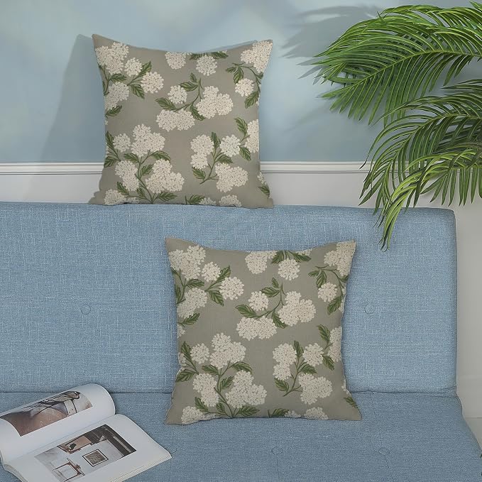 Grey Spring Pillow Covers 20x20 Inch 2 Pcs Gray Green Hydrangea Flower Decor Throw Pillows Vintage Floral Seasonal Summer Outdoor Decoration Pillowcase Linen Cushion Cover for Couch Sofa