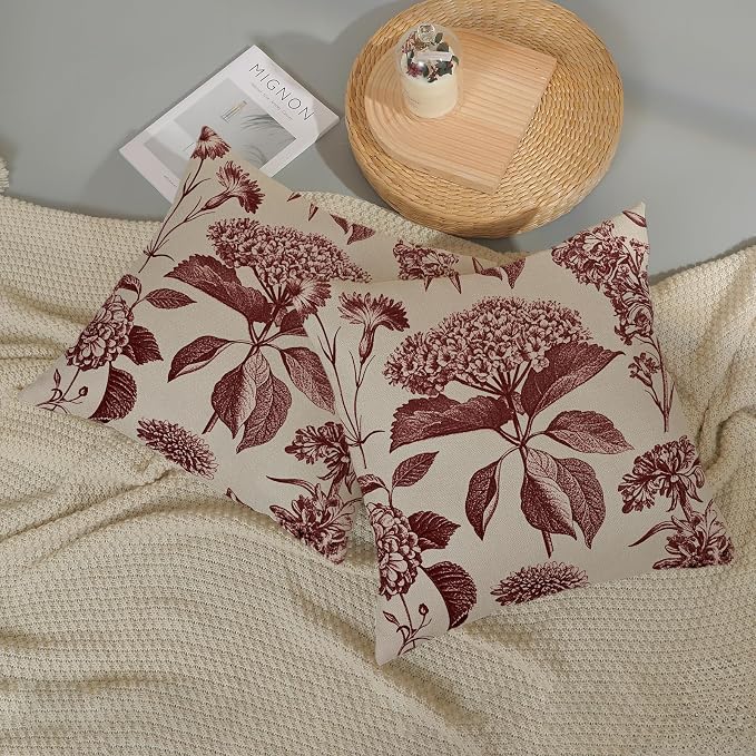 Burgundy Red Pillow Covers 16x16 Inch 2 Pcs Boho Vintage Floral Decor Throw Pillows Hydrangea Flower Seasonal Outdoor Farmhouse Neutral Accent Decoration Pillowcase Linen Cushion Cover for Sofa