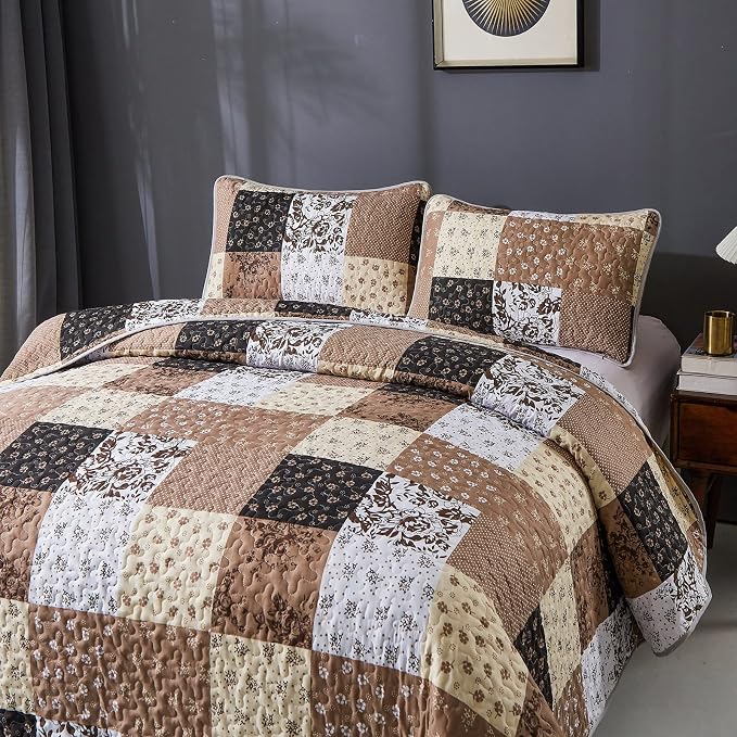 Mybedsoul Boho Quilts Queen Size, Patchwork Fall Bedding Set, Khaki | Soft Lightweight Microfiber Floral Coverlet Set, 3 Pieces Plaid Reversible Bedspread, Bed Sets for All Seasons 90"x96"