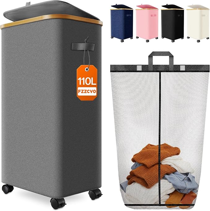 Laundry Basket with Wheels, 110L Large Rolling Laundry Hamper for Dorm | Clothes Hampers for Laundry with Inner Bag, Collapsible Dirty Clothes Hamper for Bedroom, Bathroom, Laundry Room