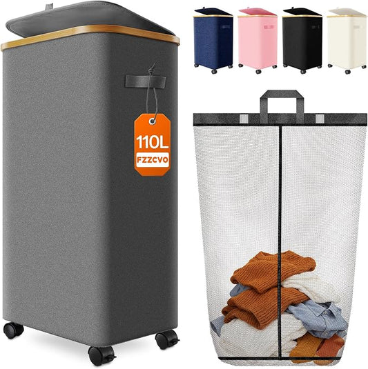 Laundry Basket with Wheels, 110L Large Rolling Laundry Hamper for Dorm | Clothes Hampers for Laundry with Inner Bag, Collapsible Dirty Clothes Hamper for Bedroom, Bathroom, Laundry Room
