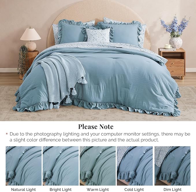 Queen Comforter Set-7 Pieces Ruffle Bedding with Floral Sheet | Blue Bed in a Bag, Soft Lightweight All Season Farmhouse Queen Bedding Sets with Floral Sheets, Pillowcases & Shams