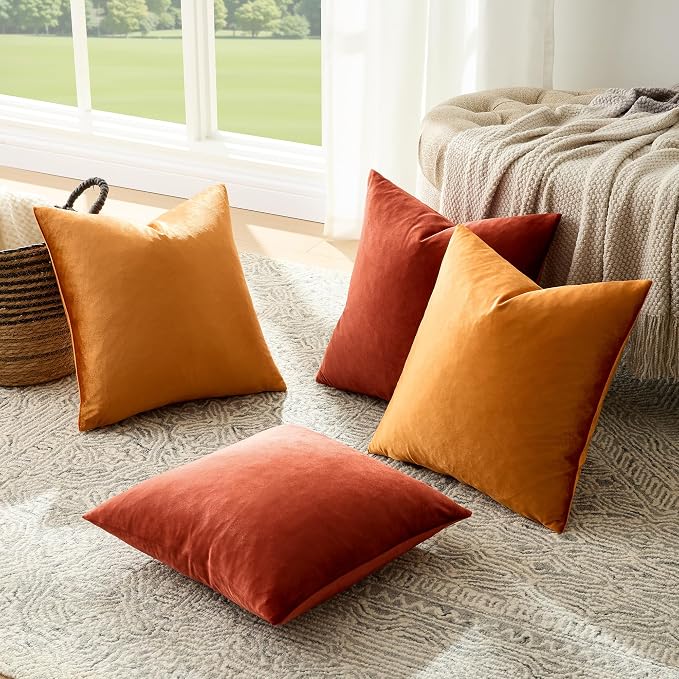 GIGIZAZA Pack of 4 Decorative Velvet Pillow Covers 18x18 Orange | Throw Pillows for Couch Sofa,280gsm Soft Textured Fabric,Modern Accent Pillowcases,Luxury Living Room Cushion Covers