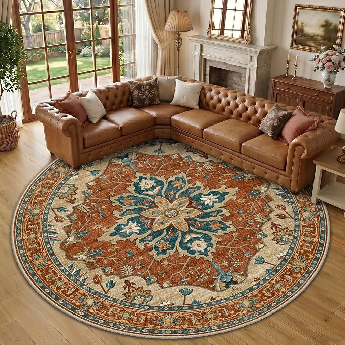 RELEANY Washable Area Rug, Round 10ft, Red/Orange/Blue/Brown | Non-Slip, Water Repellent, Pet Friendly, Easy to Clean, Vintage Floral Boho Decor for Living Room Bedroom Dining Room