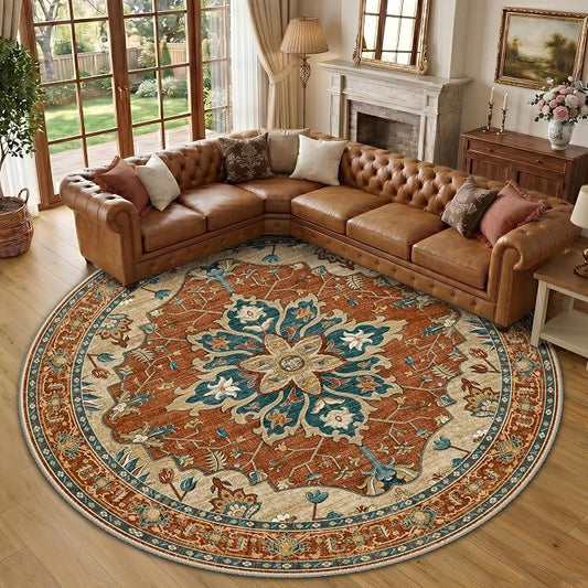RELEANY Washable Area Rug, Round 10ft, Red/Orange/Blue/Brown | Non-Slip, Water Repellent, Pet Friendly, Easy to Clean, Vintage Floral Boho Decor for Living Room Bedroom Dining Room