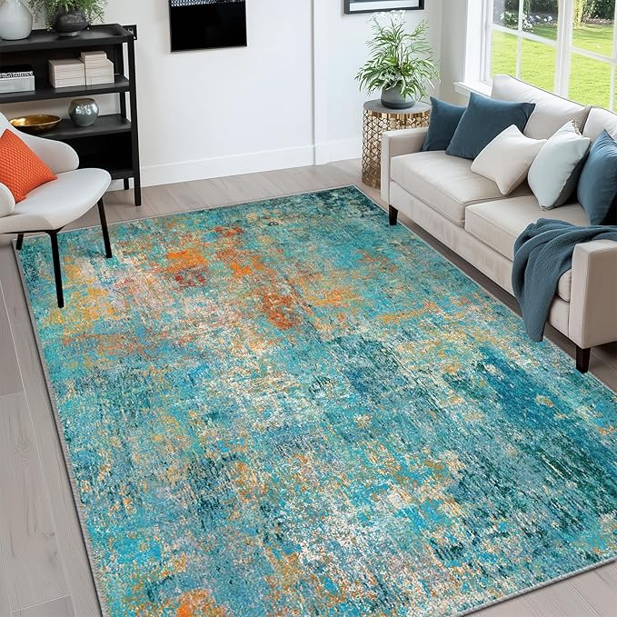 RELEANY Washable 6'x9' Abstract Area Rug for Living Room Teal Multi | Carpet for Bedroom, Kitchen, Office, Hallway and Entryway, Printed Pattern, Non‑Slip, Soft, Stain‑Resistant, Easy to Clean