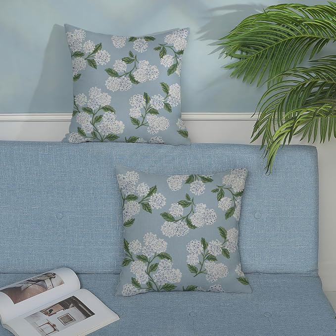 Light Blue Pillow Covers 20x20 Inch 2 Pcs Blue Green Hydrangea Flower Decor Throw Pillows Vintage Floral Seasonal Spring Summer Outdoor Decoration Pillowcase Linen Cushion Cover for Couch Sofa