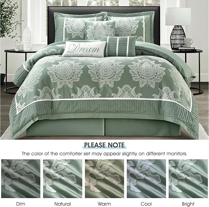 Sage California King Comforter Set 7 Pieces, Jacquard Woven with Damask, Bedding Set in a Bag Includes Comforter, Bed Skirt, Pillow Shams, and Decorative Pillows